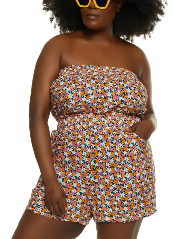 Plus Size Floral Print Smocked Strapless Romper sold by Rainbow