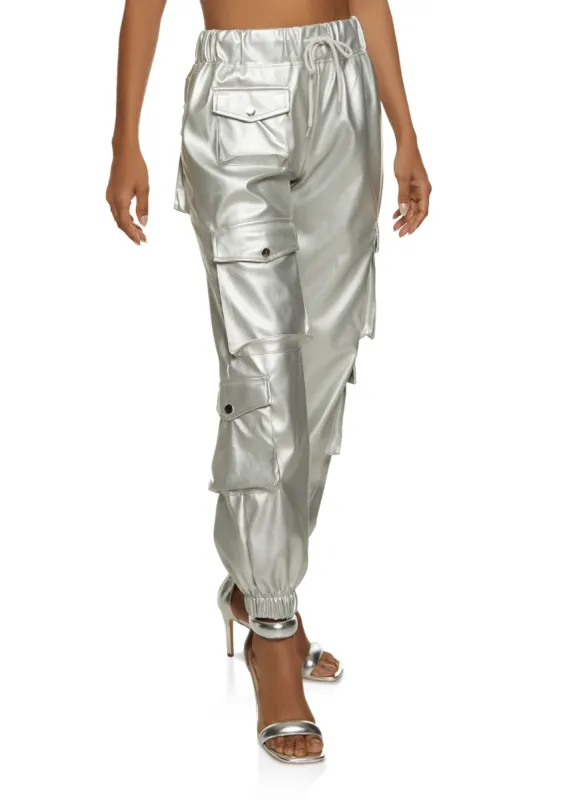 Faux Leather Drawstring Cargo Joggers sold by Rainbow