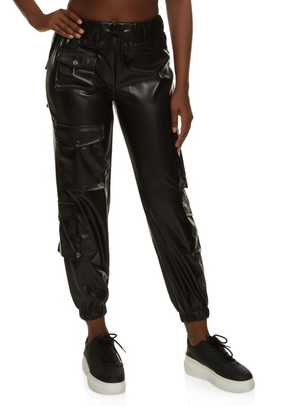 Faux Leather Drawstring Cargo Joggers sold by Rainbow