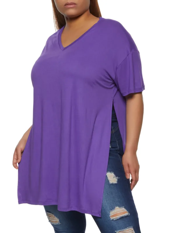 Plus Size Side Slit V Neck Tee sold by Rainbow