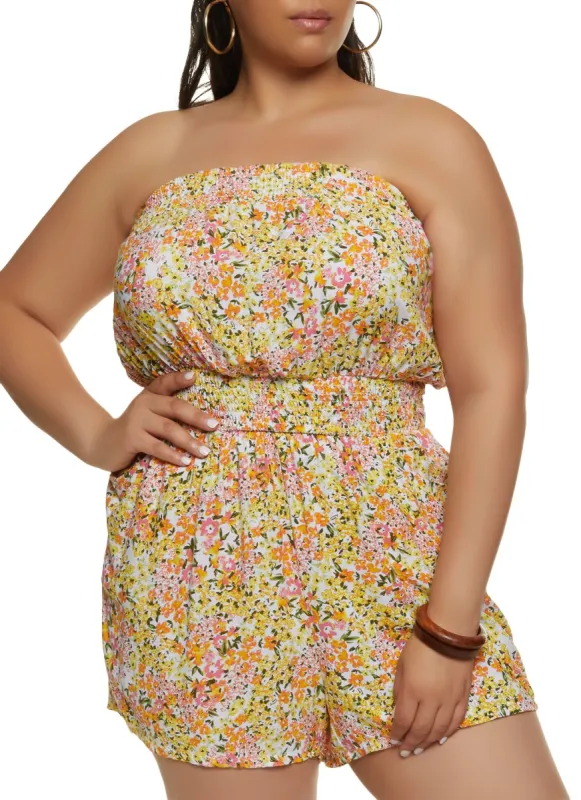 Plus Size Floral Print Smocked Waist Romper sold by Rainbow