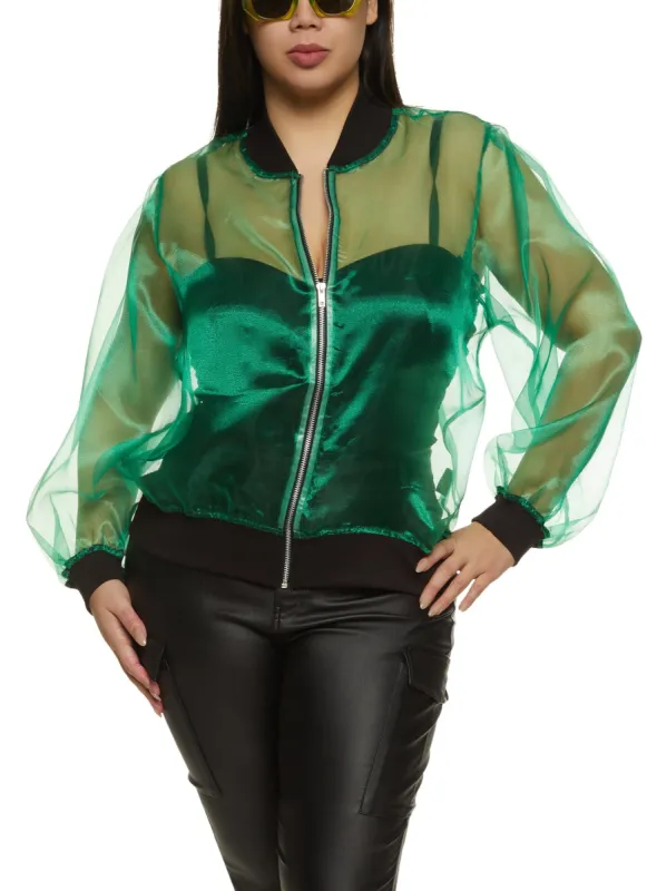 Plus Size Organza Zip Front Bomber Jacket sold by Rainbow