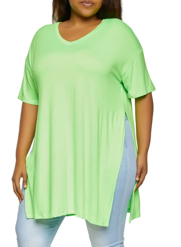 Plus Size Side Slit V Neck Tee sold by Rainbow