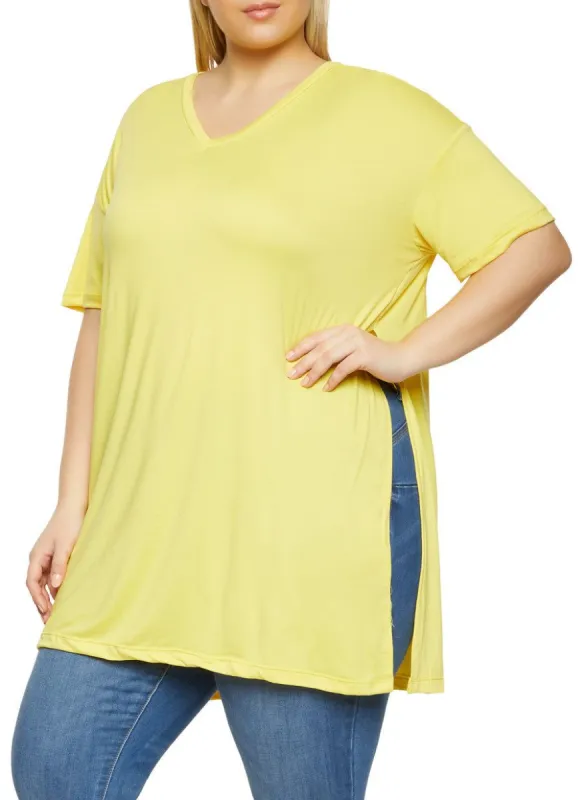 Plus Size Side Slit V Neck Tee sold by Rainbow