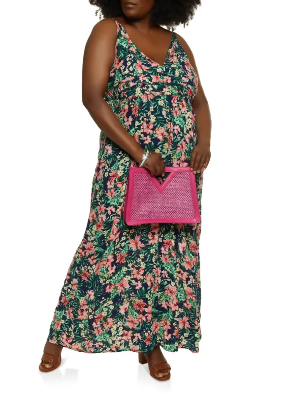 Plus Size Tropical Print Ruched Waist Maxi Dress sold by Rainbow