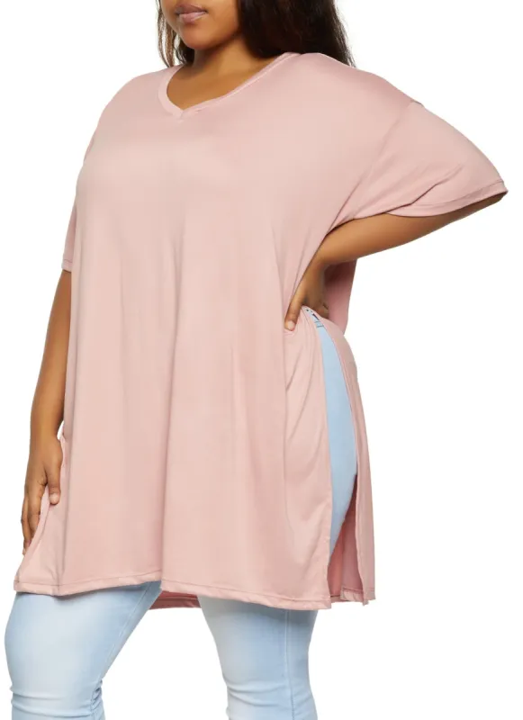 Plus Size Side Slit V Neck Tee sold by Rainbow
