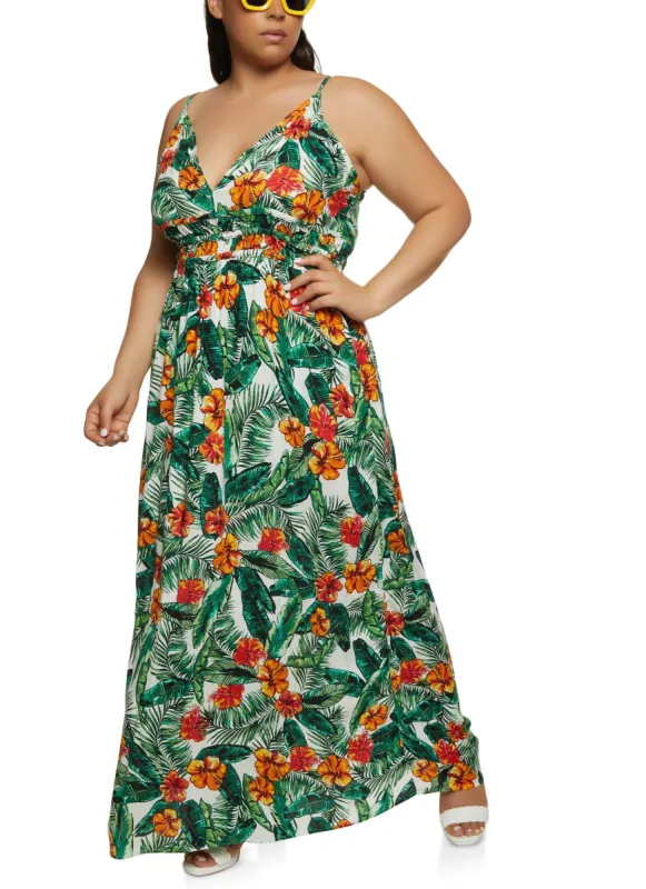 Plus Size Tropical Print Ruched Waist Maxi Dress sold by Rainbow
