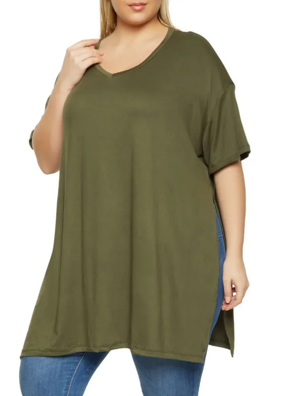 Plus Size Side Slit V Neck Tee sold by Rainbow