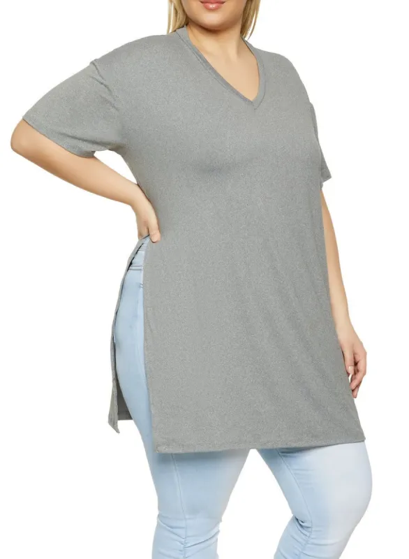 Plus Size Side Slit V Neck Tee sold by Rainbow