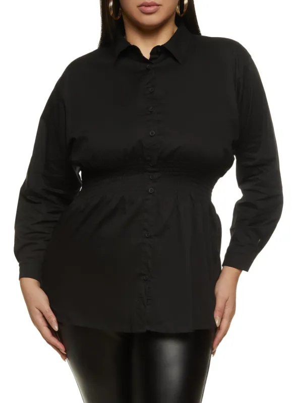 Plus Size Smocked Waist Button Down Shirt sold by Rainbow