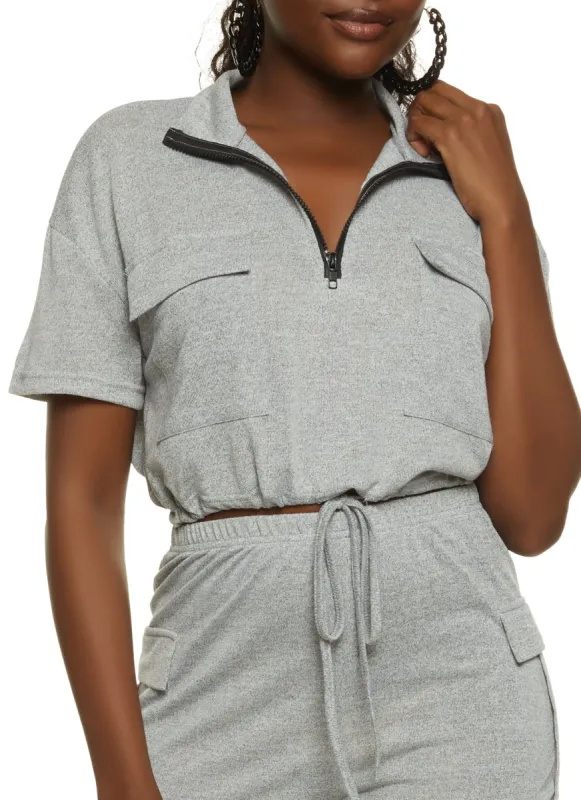 Brushed Knit Drawstring Hem Utility Top sold by Rainbow