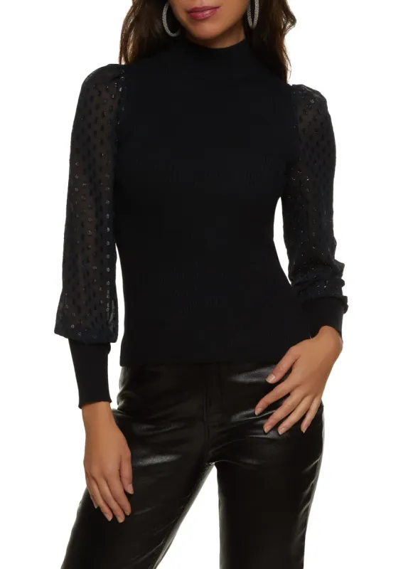 Swiss Dot Lurex Sleeve Mock Neck Sweater made by Rainbow