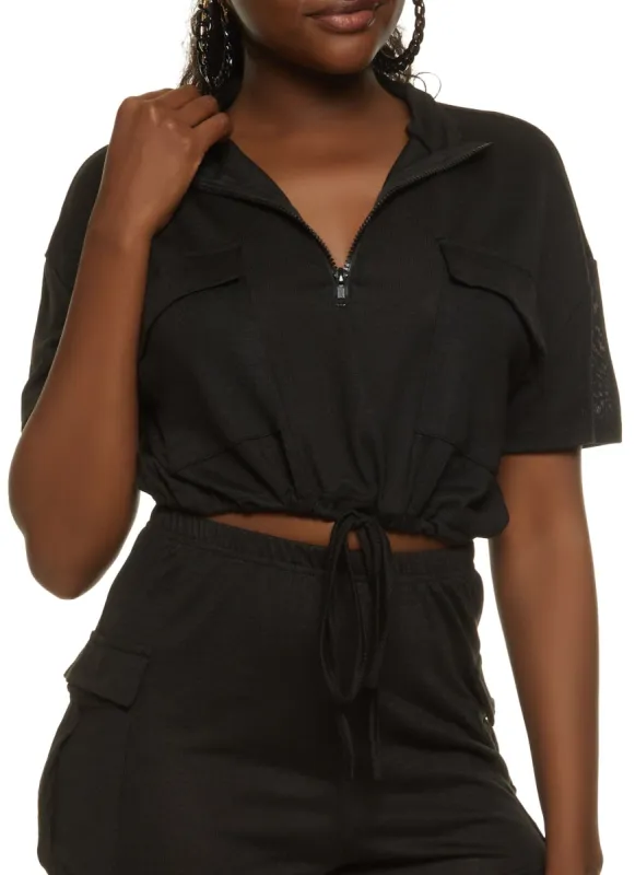 Brushed Knit Drawstring Hem Utility Top sold by Rainbow