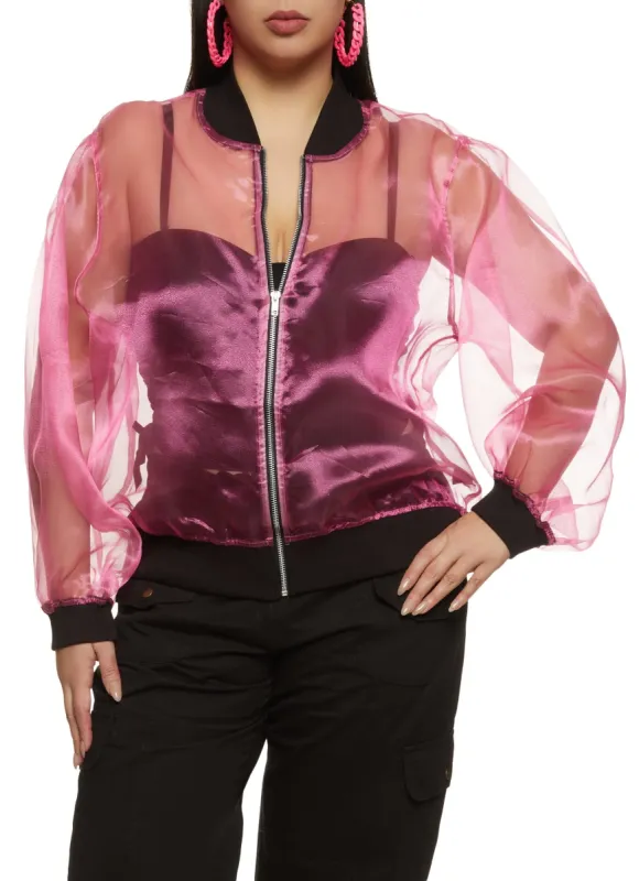 Plus Size Organza Zip Front Bomber Jacket sold by Rainbow