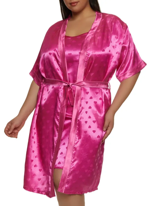 Plus Size Satin Heart Print Cami Nightgown and Robe sold by Rainbow