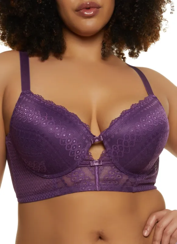 Plus Size Lace Cut Out Front Longline Plunge Bra sold by Rainbow