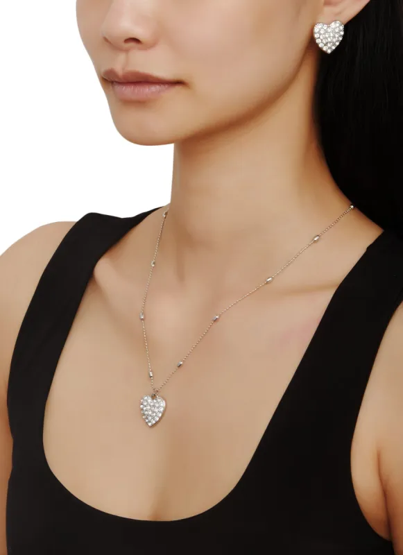 Pave Rhinestone Heart Necklace and Stud Earrings sold by Rainbow