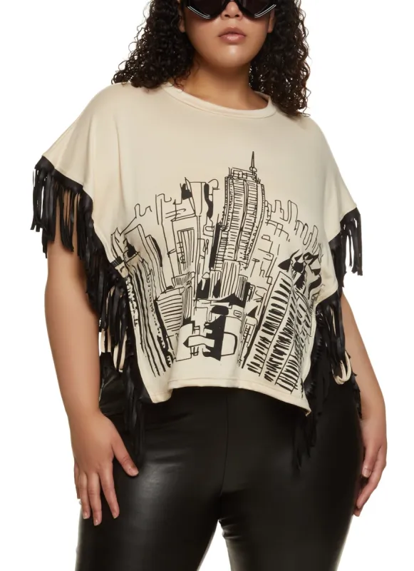 Plus Size Faux Leather Fringe Skyline Graphic Top sold by Rainbow