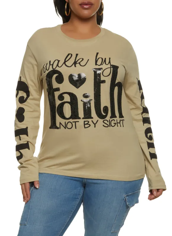 Plus Size Walk By Faith Sequin Graphic Tee sold by Rainbow