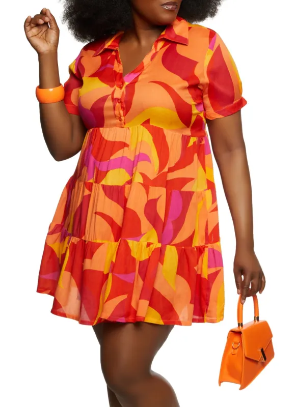 Plus Size Printed Half Button Tiered Shift Dress sold by Rainbow