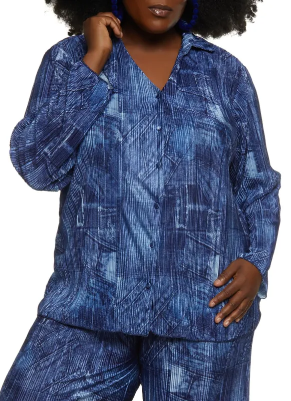 Plus Size Plisse Printed Button Front Shirt sold by Rainbow