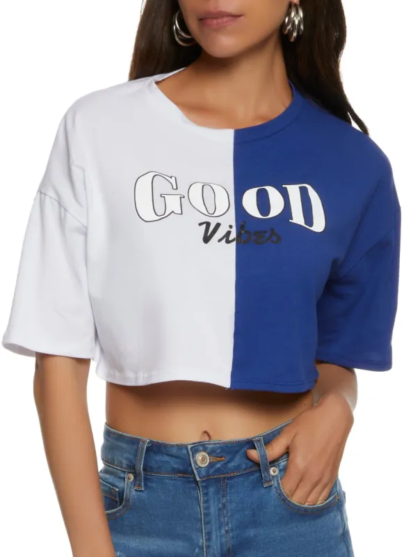 Two Tone Good Vibes Graphic Cropped Tee sold by Rainbow