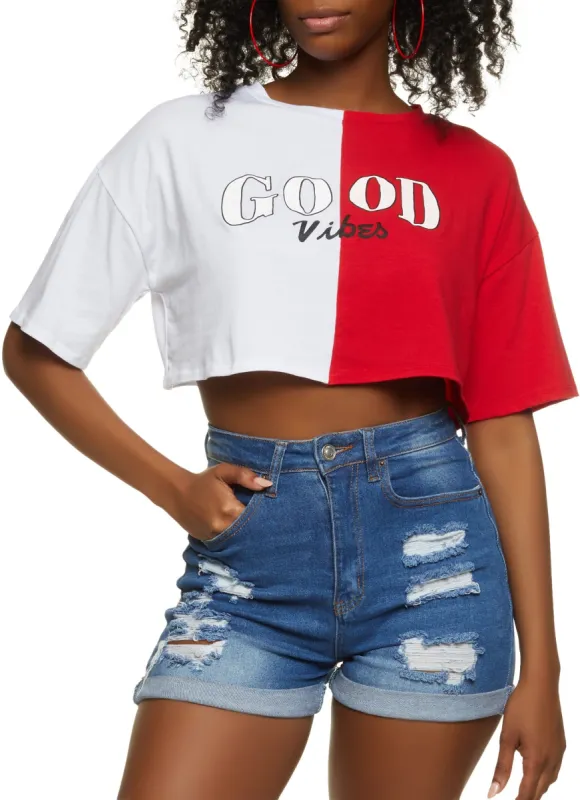 Two Tone Good Vibes Graphic Cropped Tee sold by Rainbow