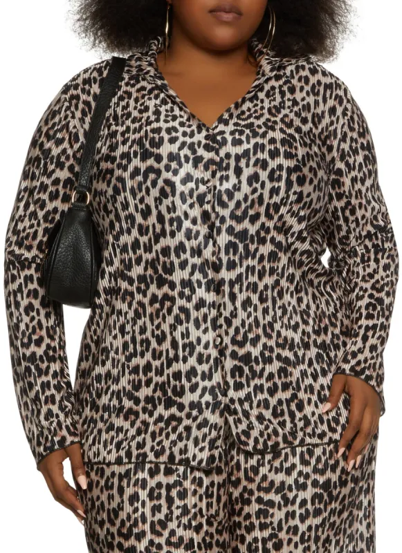 Plus Size Plisse Printed Button Front Shirt sold by Rainbow