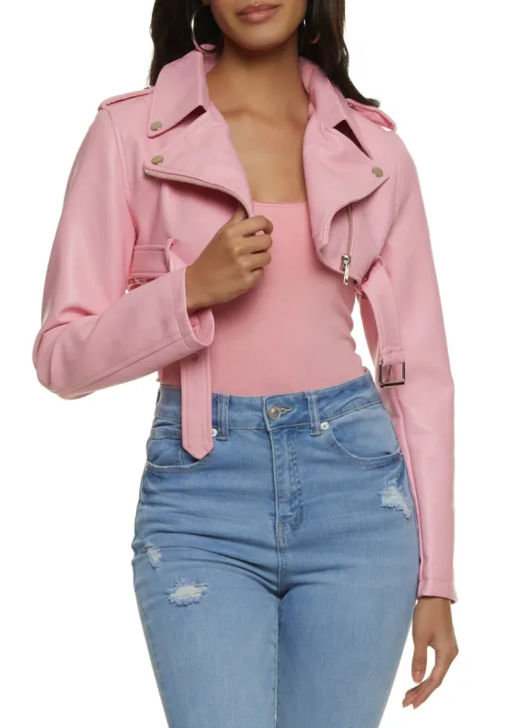 Faux Leather Cropped Moto Jacket sold by Rainbow