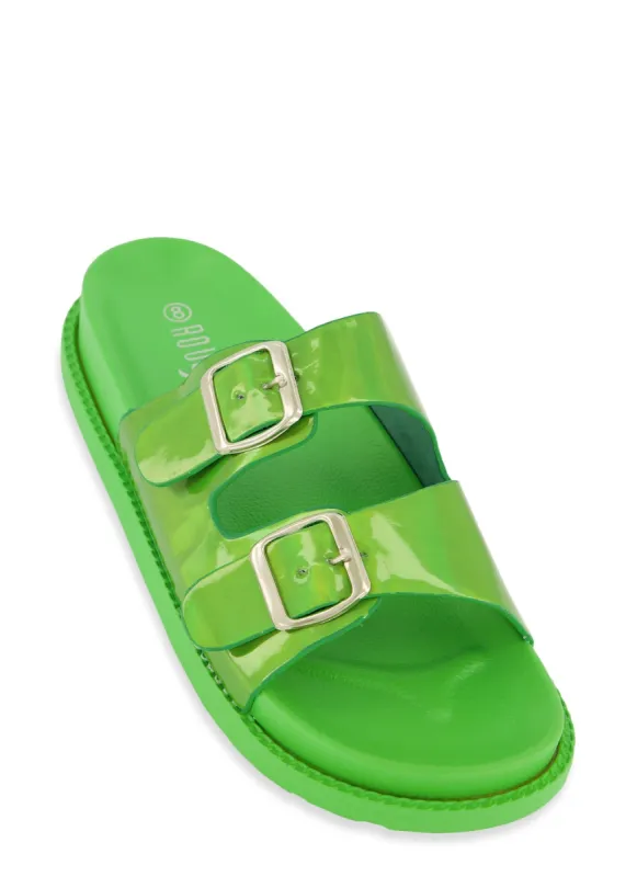 Double Buckle Iridescent Slide Sandals sold by Rainbow