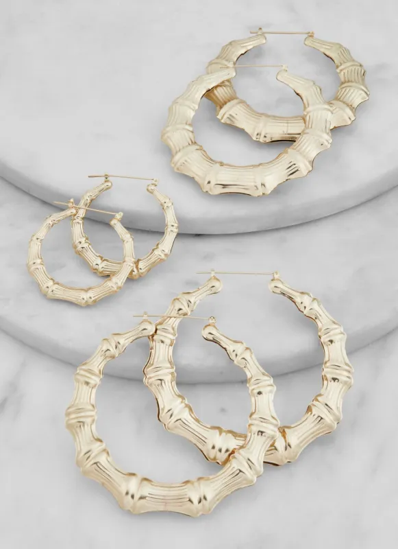 Metallic Bamboo Hoop Earrings Trio sold by Rainbow