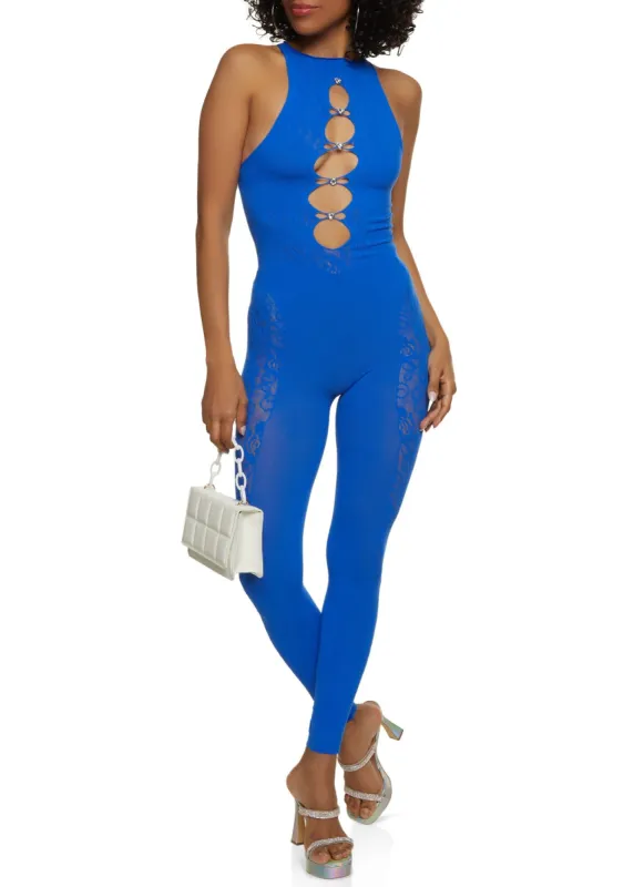 Seamless Rhinestone Cut Out Sleeveless Jumpsuit sold by Rainbow