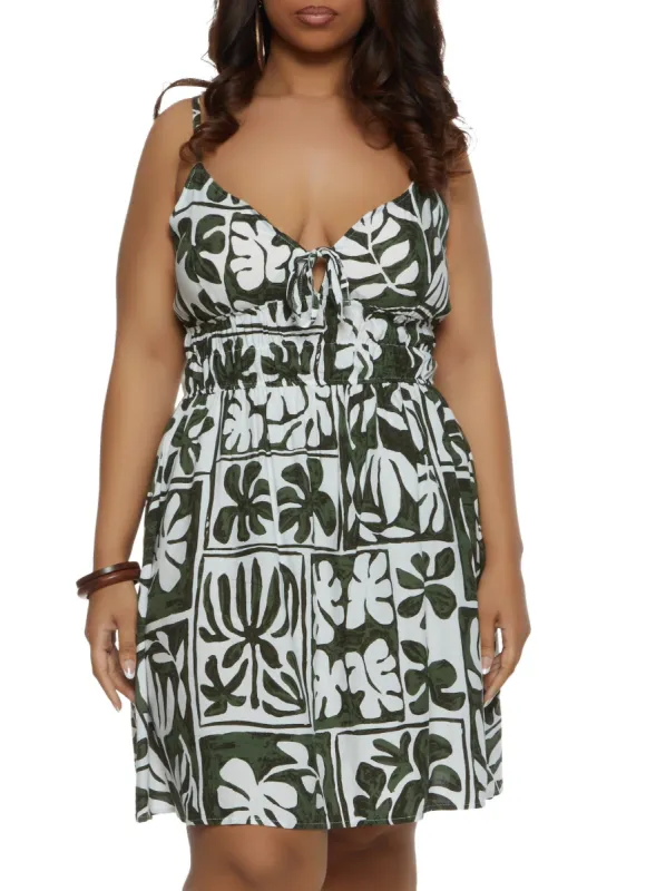 Plus Size Leaf Print Tie Front Sundress sold by Rainbow