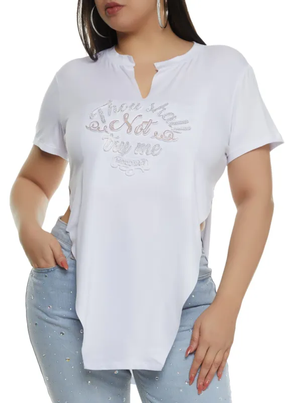 Plus Size Thou Shall Not Try Me Rhinestone Tunic Top sold by Rainbow