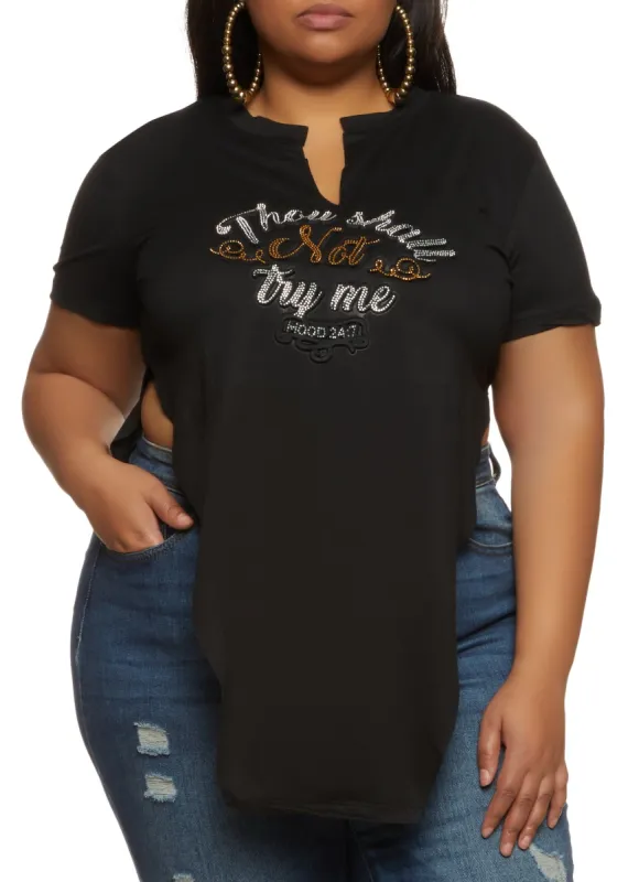 Plus Size Thou Shall Not Try Me Rhinestone Tunic Top sold by Rainbow