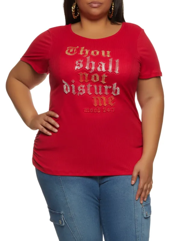 Plus Size Thou Shall Not Disturb Me Rhinestone Embossed Tee sold by Rainbow