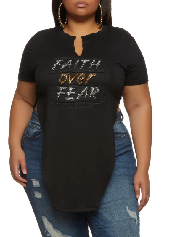 Plus Size Faith Over Fear Rhinestone Embossed Tunic Top sold by Rainbow