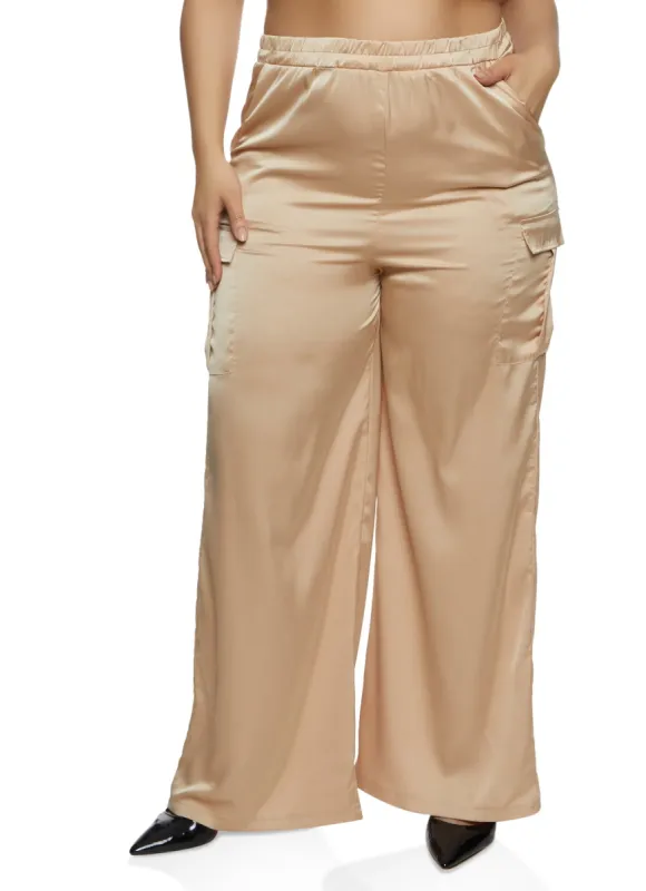 Plus Size Satin Cargo Pocket Palazzo Pants sold by Rainbow