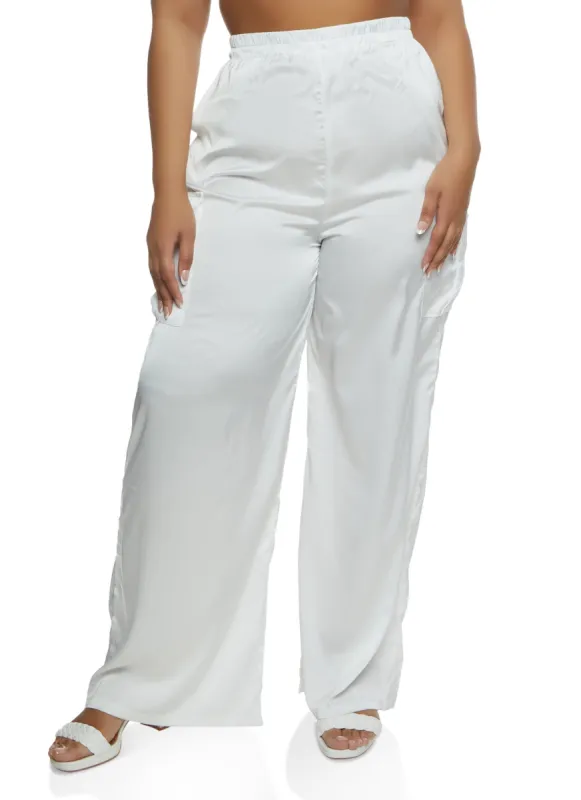 Plus Size Satin Cargo Pocket Palazzo Pants sold by Rainbow
