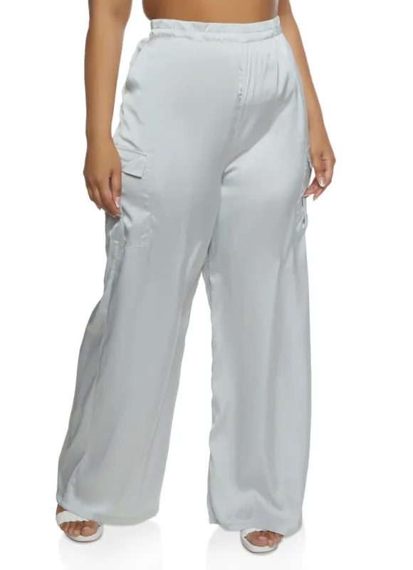 Plus Size Satin Cargo Pocket Palazzo Pants sold by Rainbow