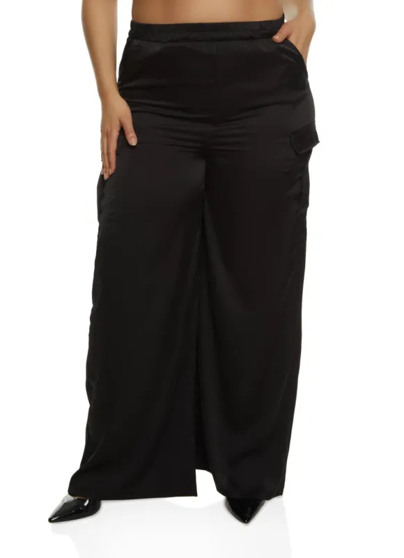 Plus Size Satin Cargo Pocket Palazzo Pants sold by Rainbow