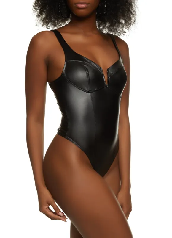 Faux Leather Notch Neck Bustier Bodysuit sold by Rainbow