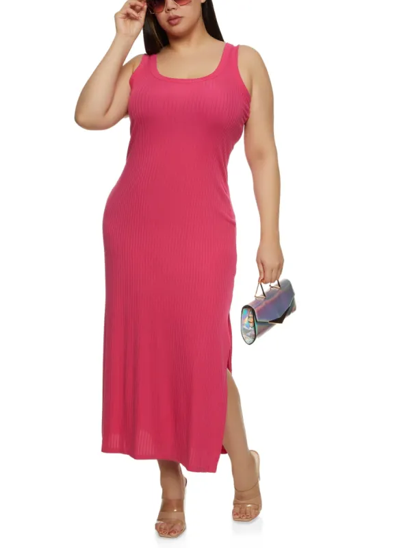 Plus Size Ribbed Knit Side Slit Maxi Tank Dress sold by Rainbow
