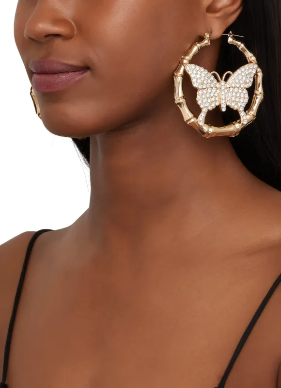 Butterfly Rhinestone Metallic Bamboo Hoop Earrings sold by Rainbow
