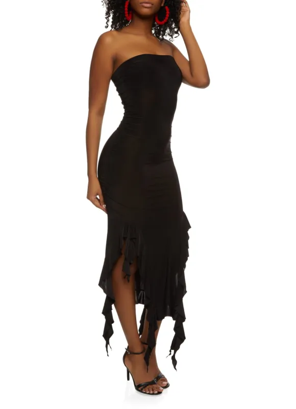 Ruffle Trim Hem Slit Tube Maxi Dress sold by Rainbow