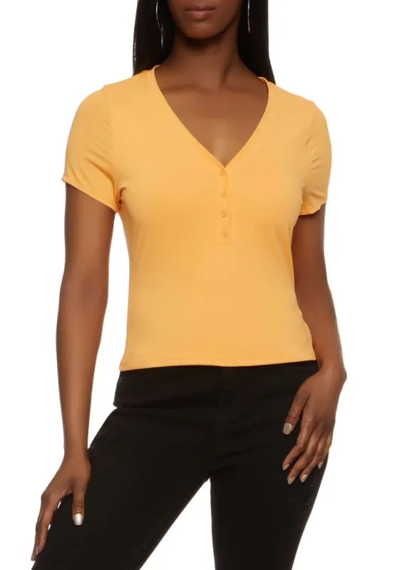 Short Sleeve V Neck Half Button Top sold by Rainbow