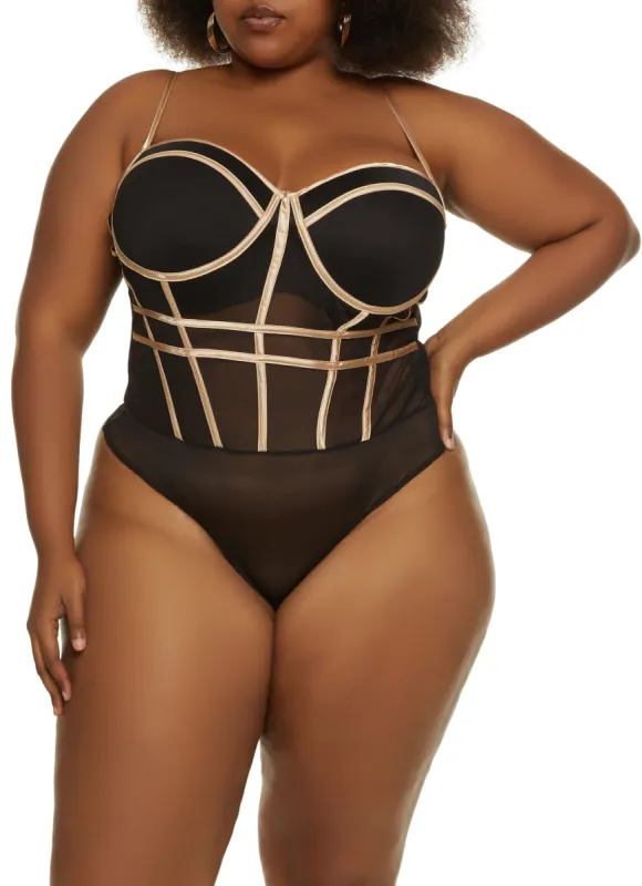 Plus Size Mesh Caged Trim Bodysuit sold by Rainbow
