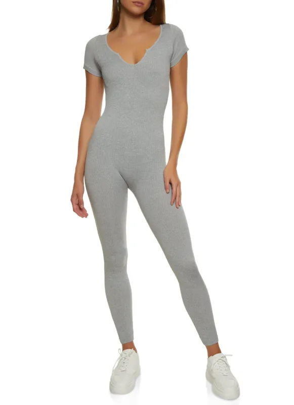 Compression Rib Notch Neck Catsuit sold by Rainbow