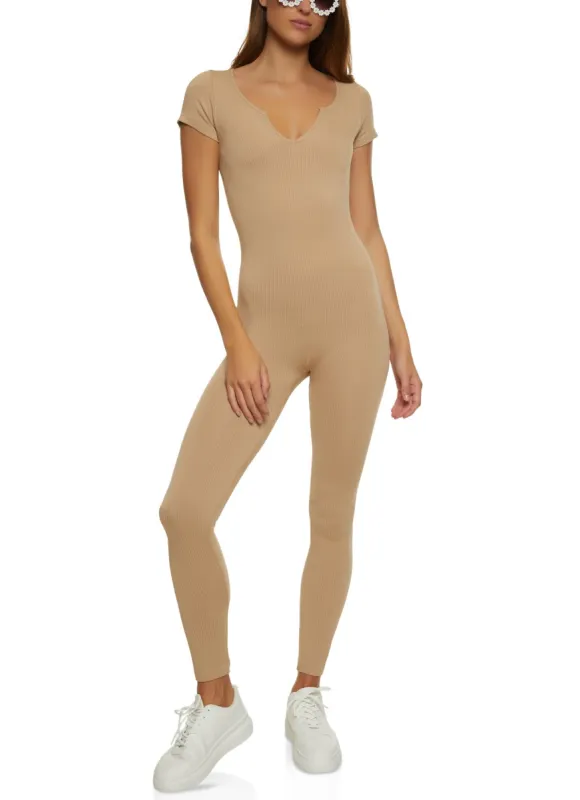 Compression Rib Notch Neck Catsuit sold by Rainbow