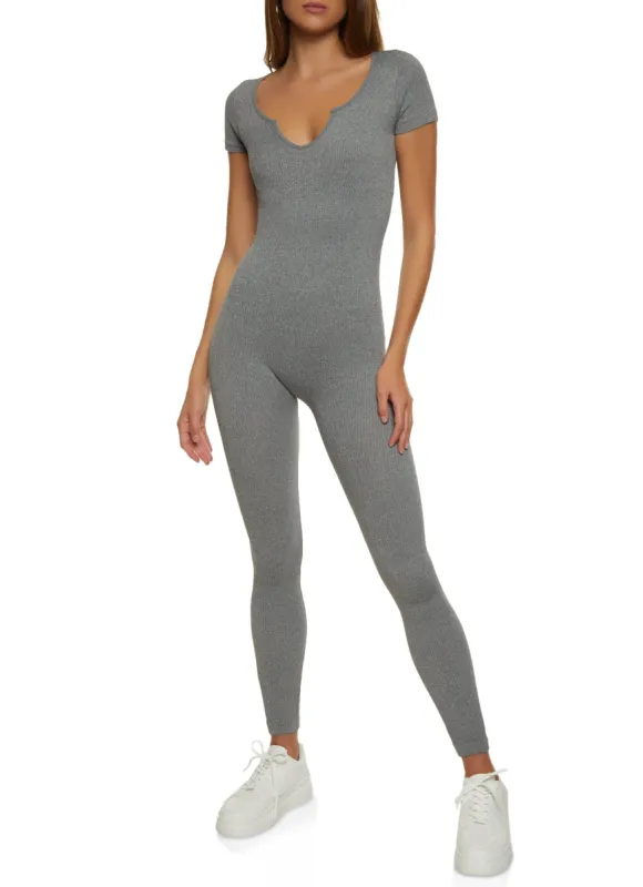 Compression Rib Notch Neck Catsuit sold by Rainbow